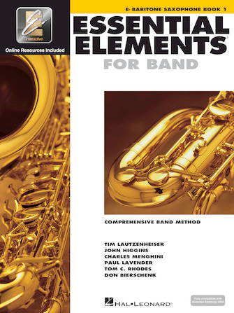White cover with images of Baritone Sax for Essential Elements Interactive Book 1 for Baritone Sax