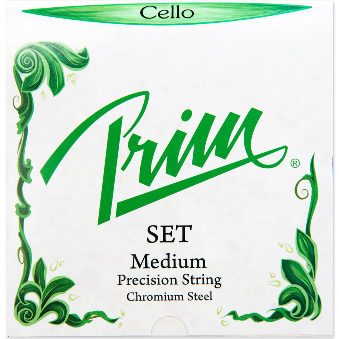 White and green box of Prim steelcore cello strings