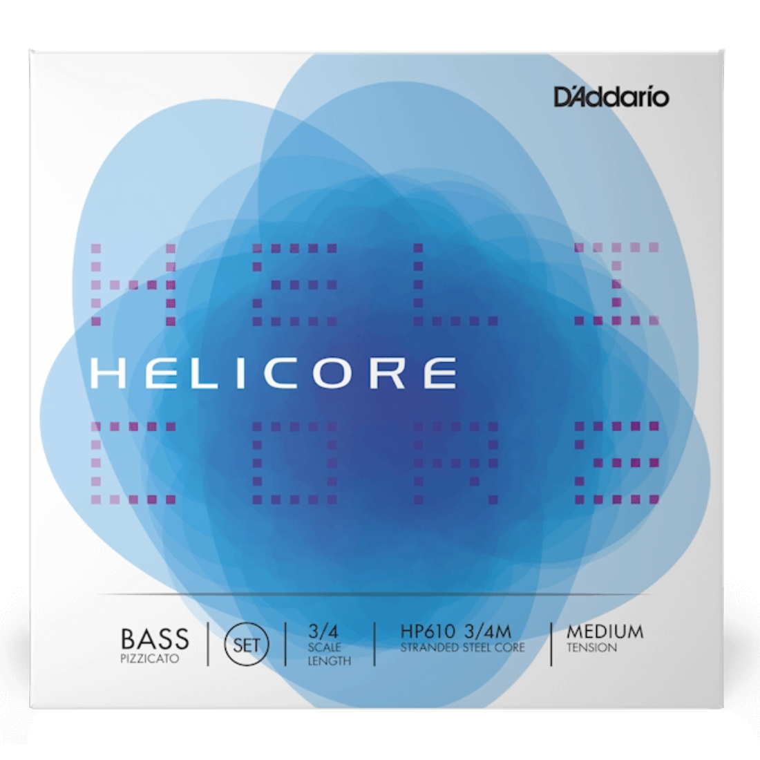 White and blue Helicore pizzicato bass strings