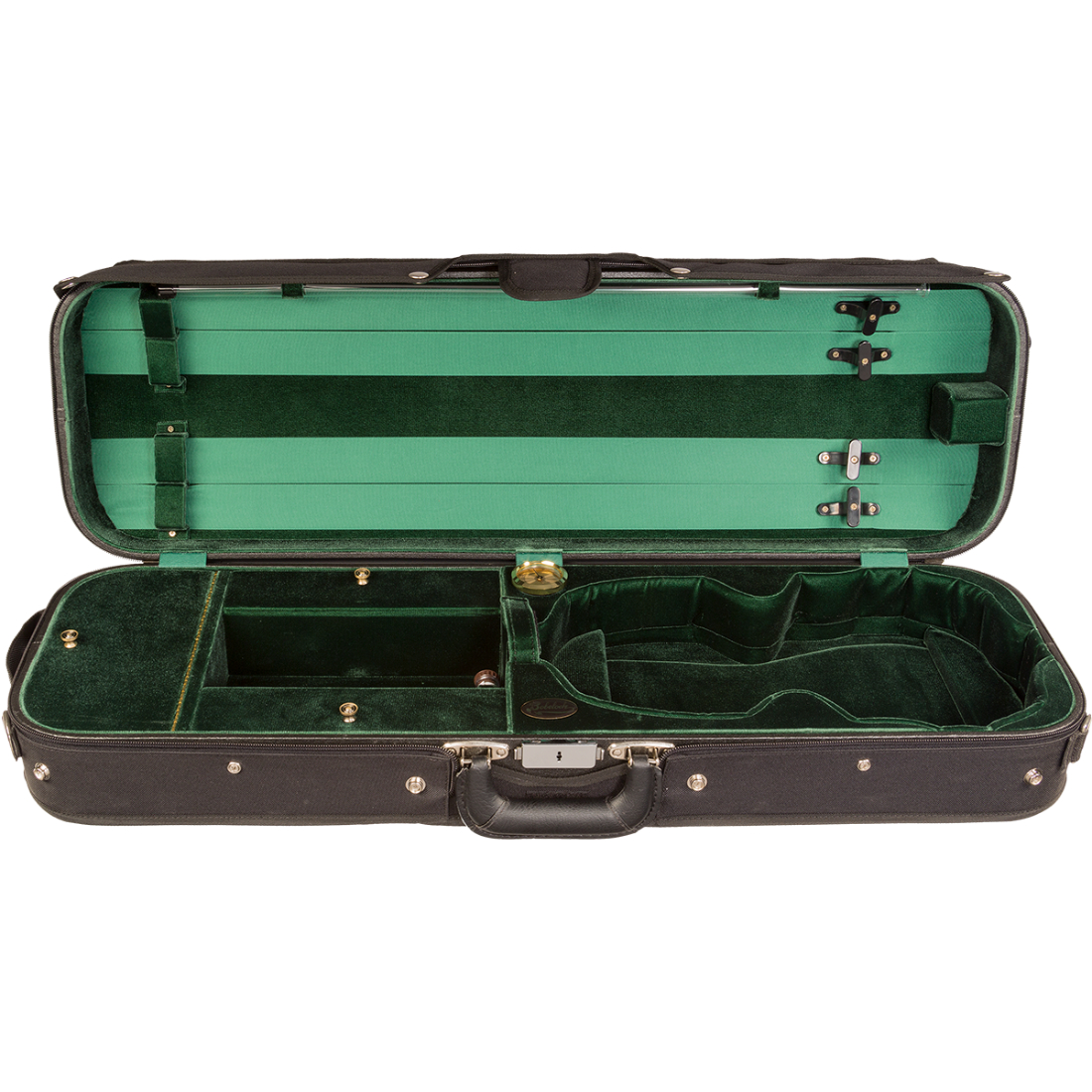 Black oblong Bobelock violin case with green inner lining