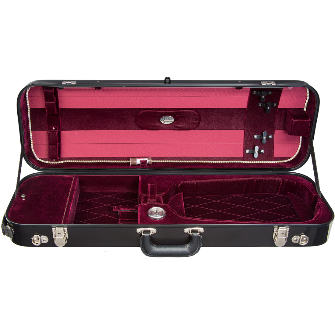 Black oblong Bobelock violin case with red inner lining