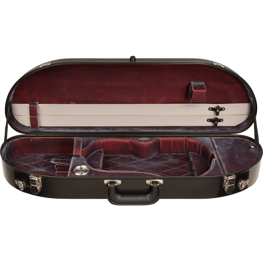 Black half-moon Bobelock viola case with maroon inner lining