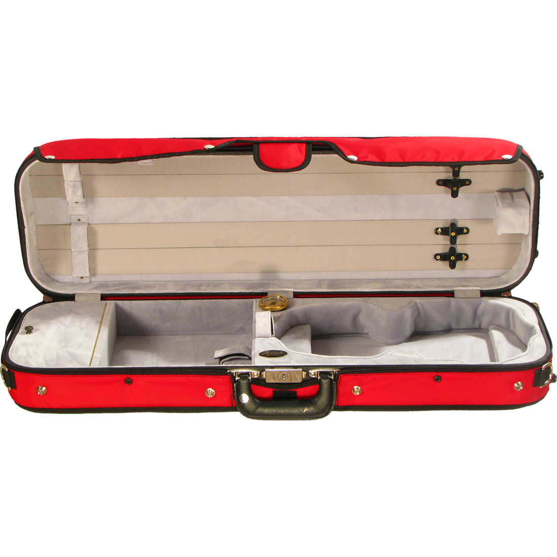 Red oblong Bobelock violin case with white inner lining