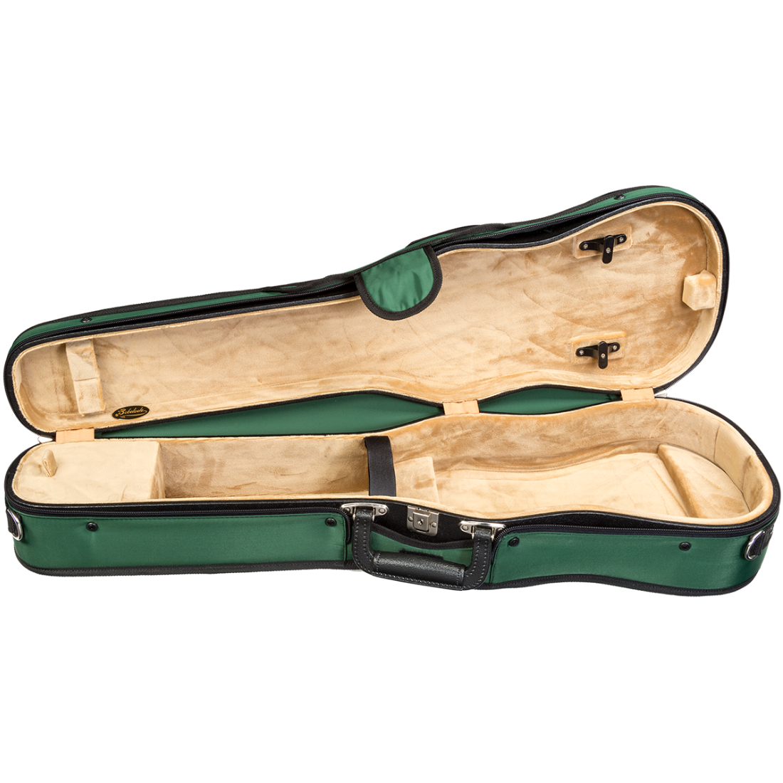 Green shaped Bobelock violin case with beige inner lining
