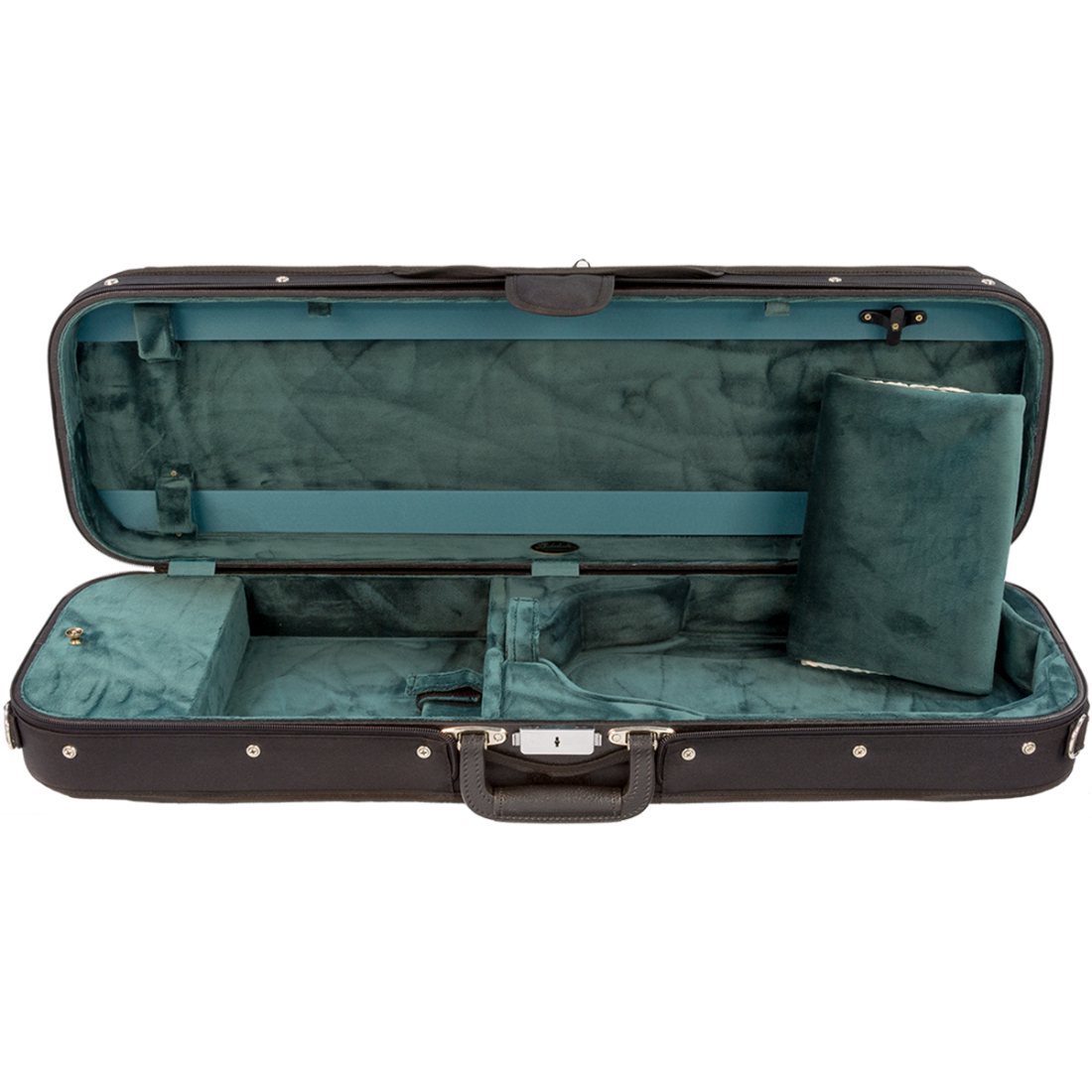 Black oblong Bobelock violin case with dark green inner lining
