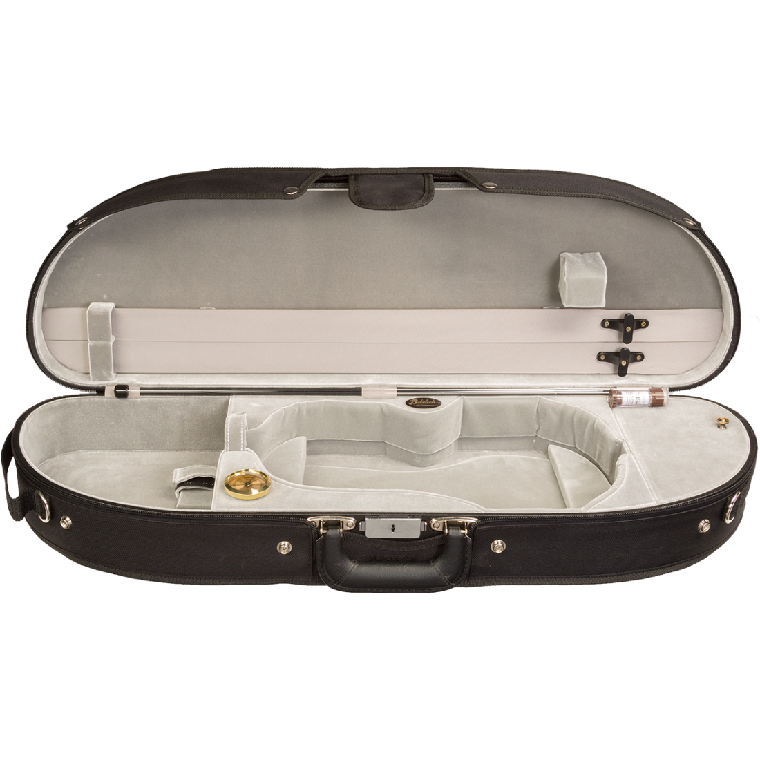 Black half-moon Bobelock violin case with white inner lining