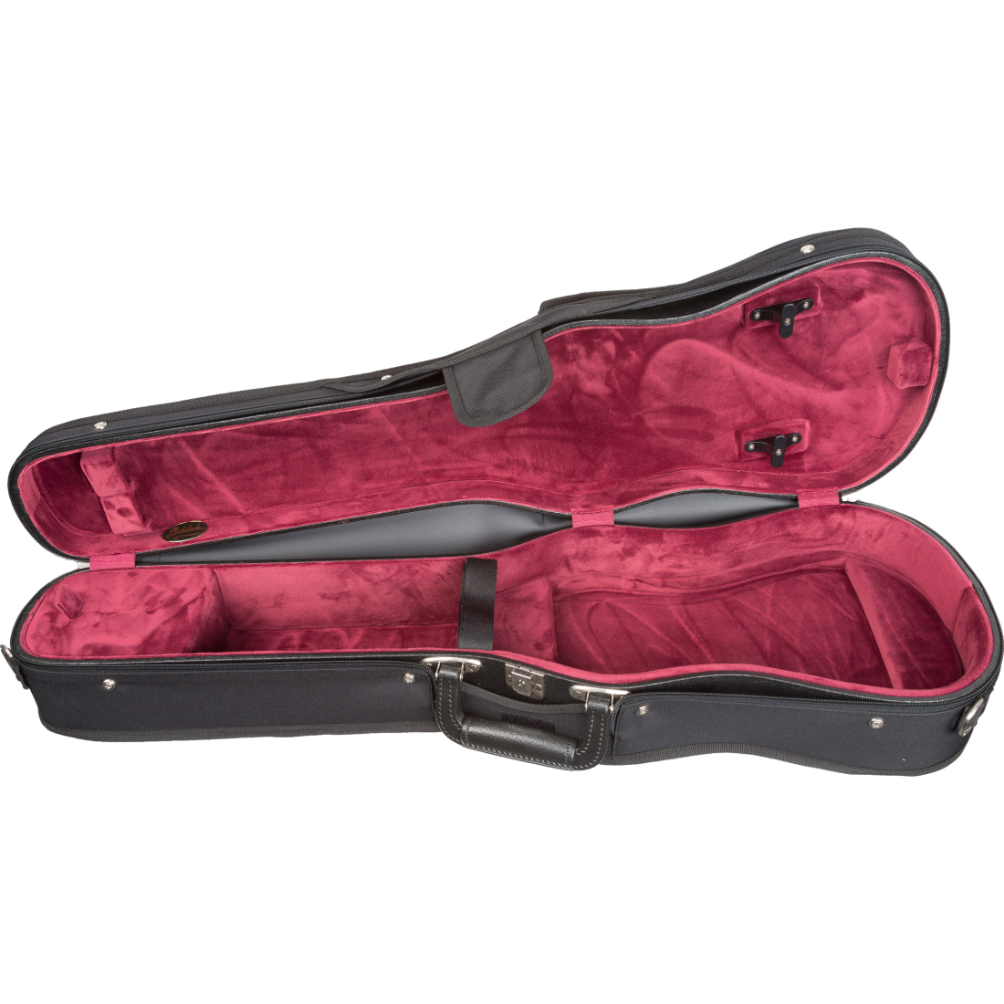 Black, shaped Bobelock violin case with red inner lining