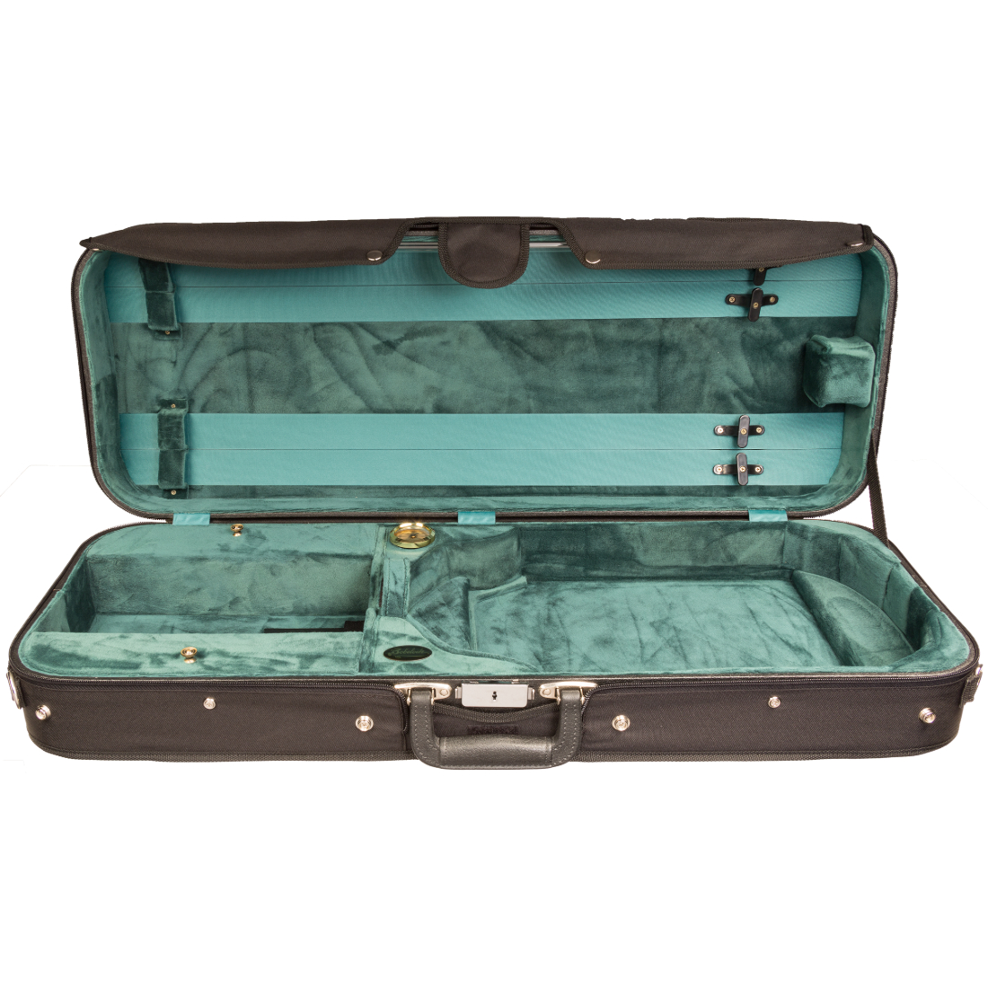 Dark Brown oblong Bobelock viola case with green inner lining