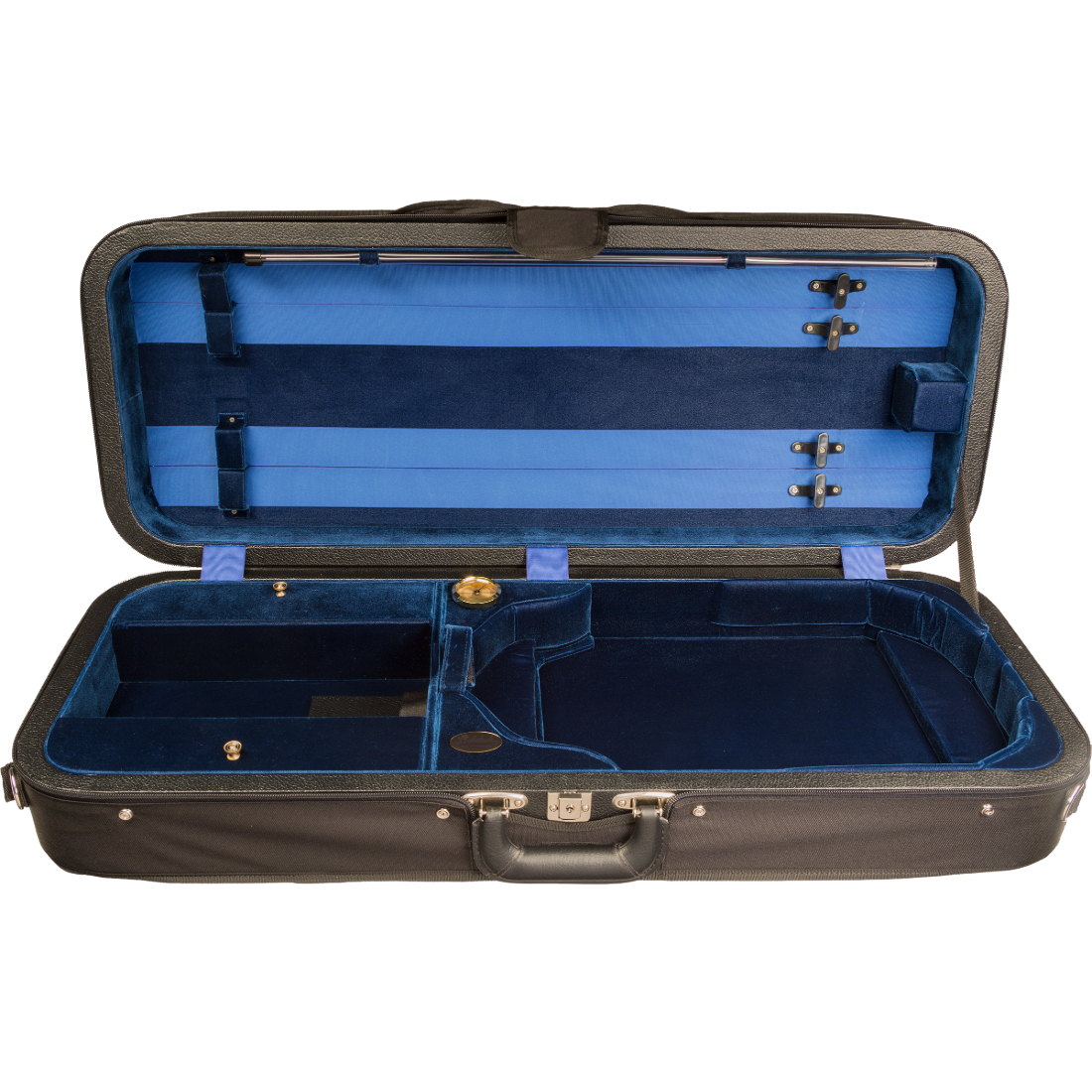Black oblong Bobelock viola case with blue inner lining