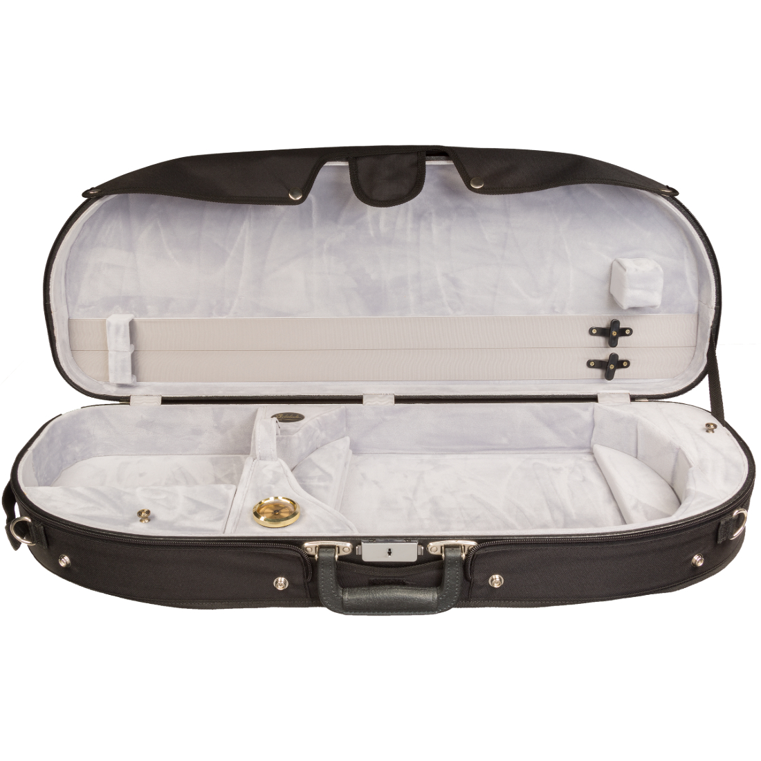 Black half-moon Bobelock viola case with white inner lining