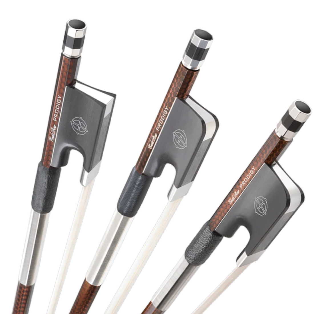 Three brown Codabow Prodigy Bows for violin, viola, and cello