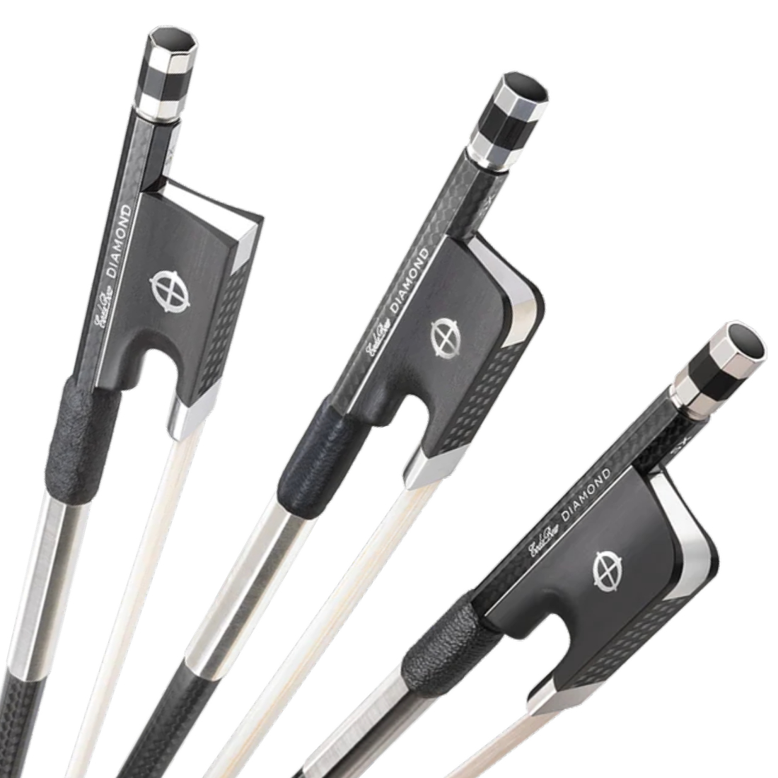 Three black Codabow Diamond SX Bows for violin, viola, and cello