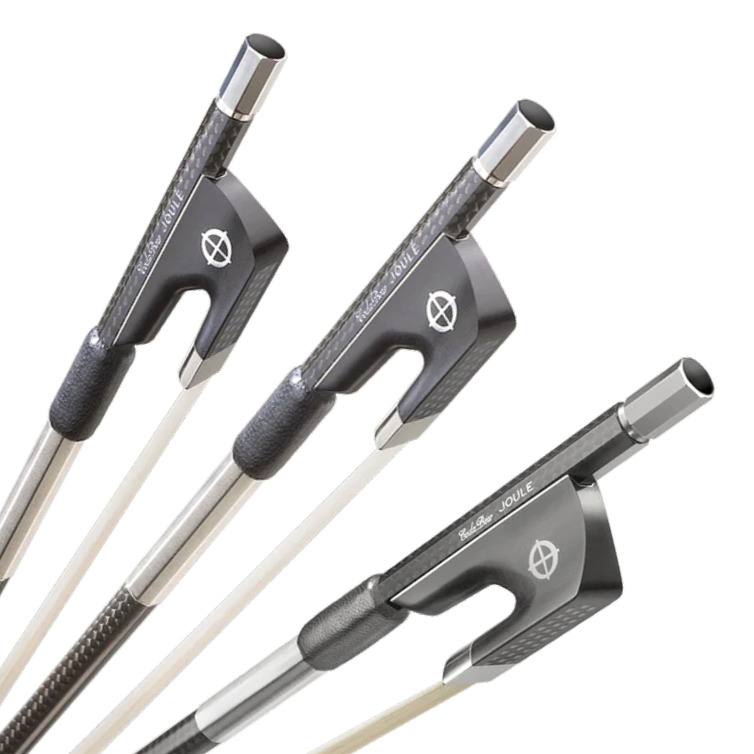 Three black Codabow Joule Bows for violin, viola, and cello