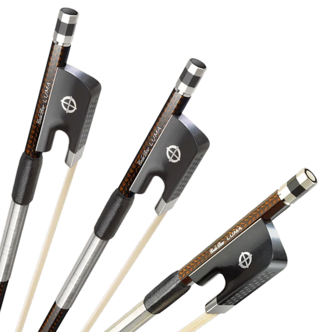 Three brown Codabow Luma Bows for violin, viola, and cello