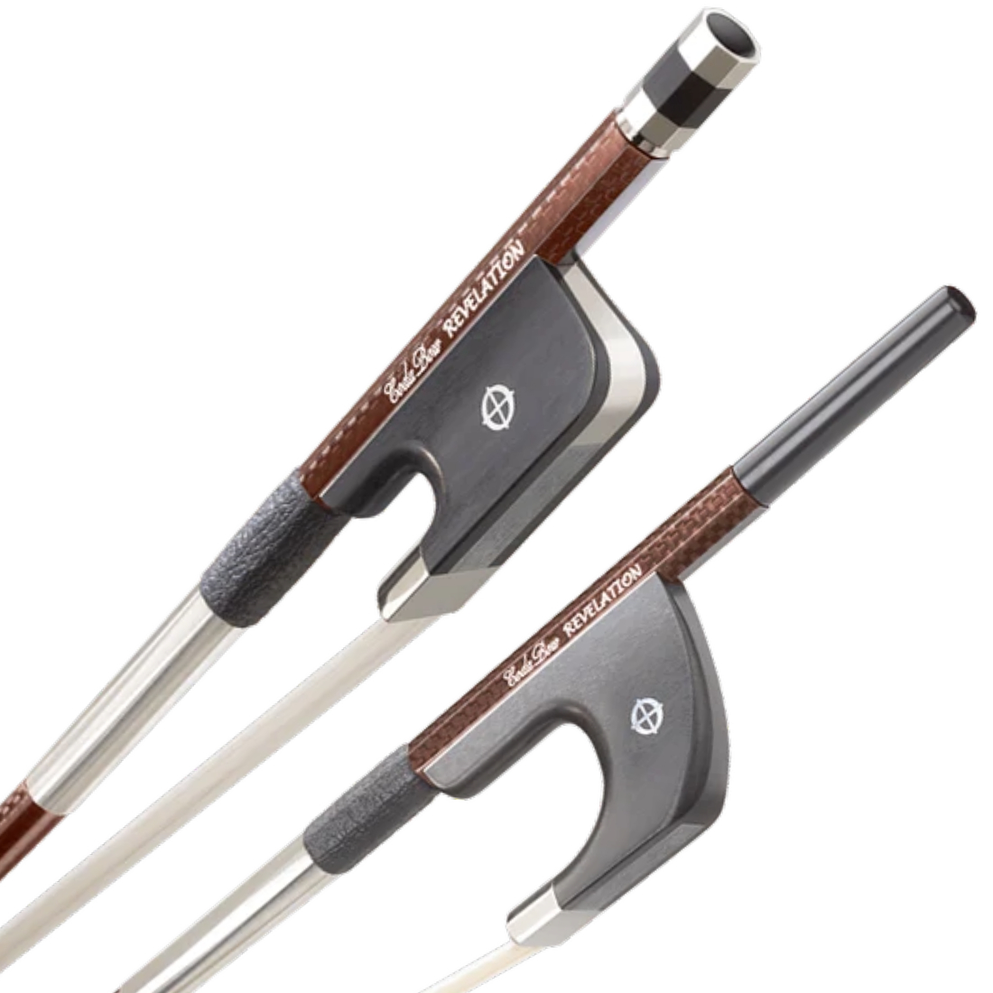 Two brown Codabow Revelation Bows for Bass, french and german grip