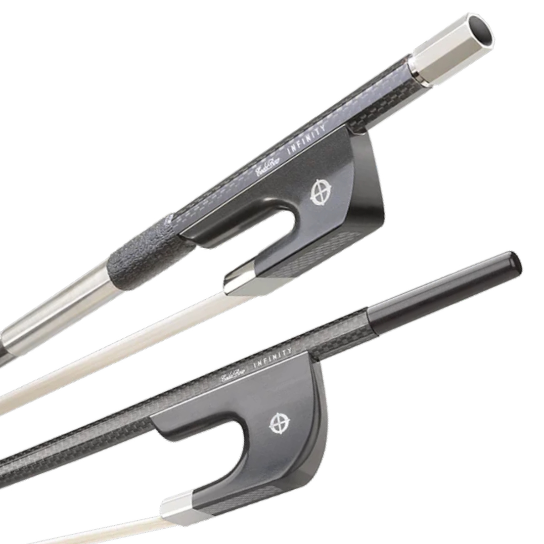 Two black Codabow Infinity Bows for Bass, french and german grip