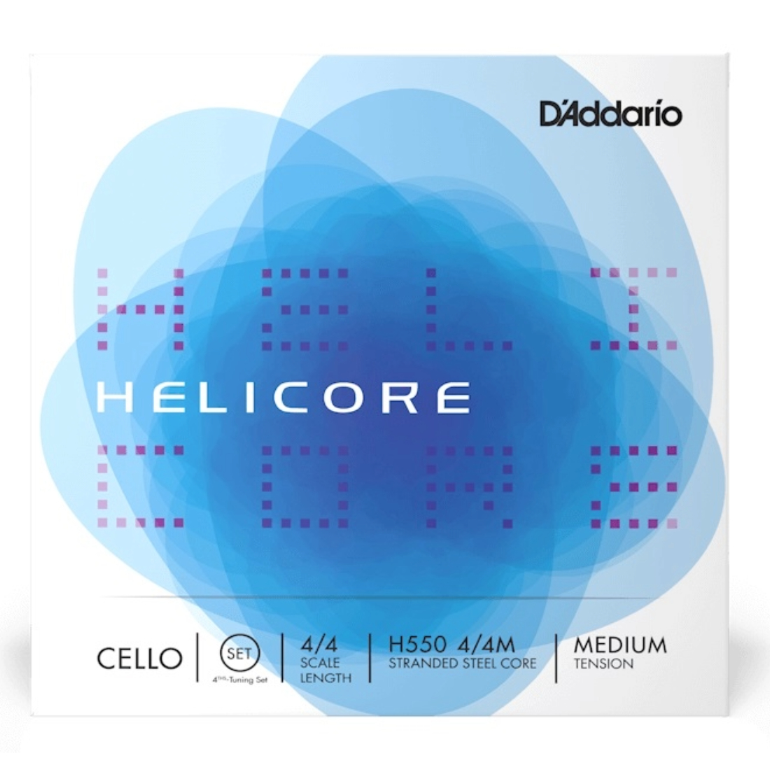 White and blue Helicore fourths-tuning cello strings