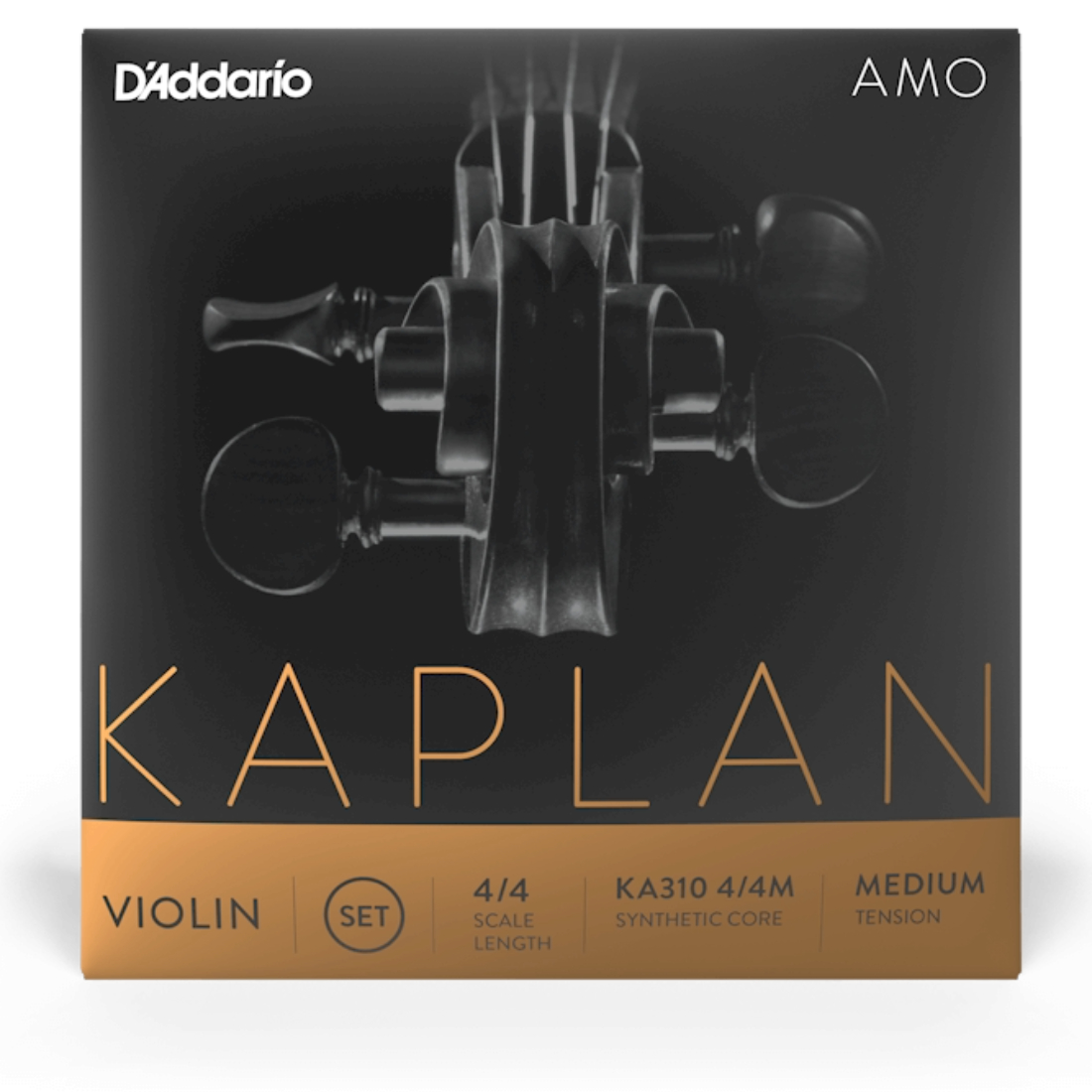 Black and gold box of Kaplan Amo violin strings