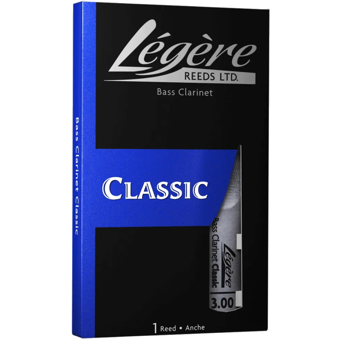Black and blue box of classic Legere classic bass clarinet reeds