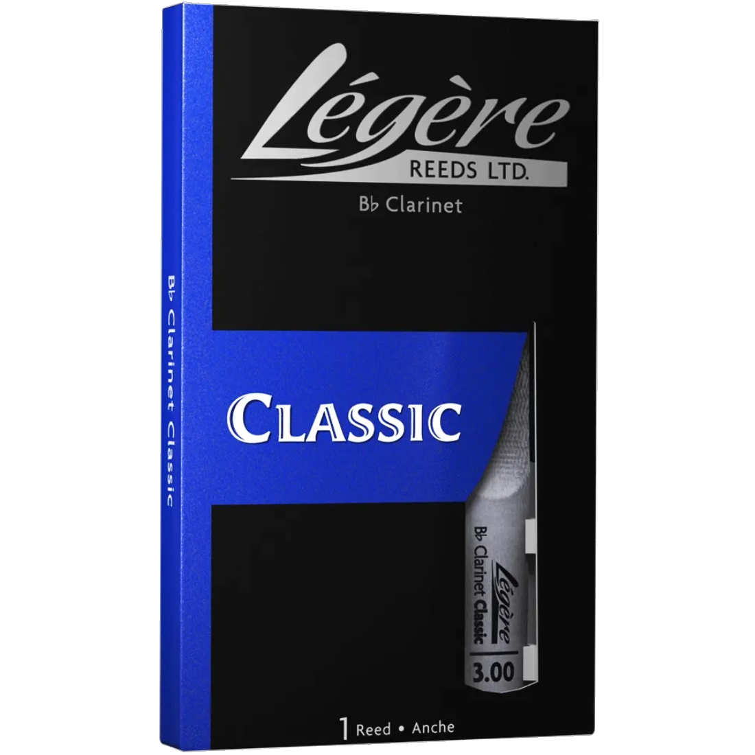 Black and blue box of classic Legere classic clarinet reeds