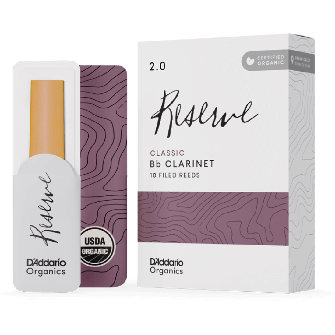 white with purple box of ten D'addario Reserve Classic Clarinet Reeds