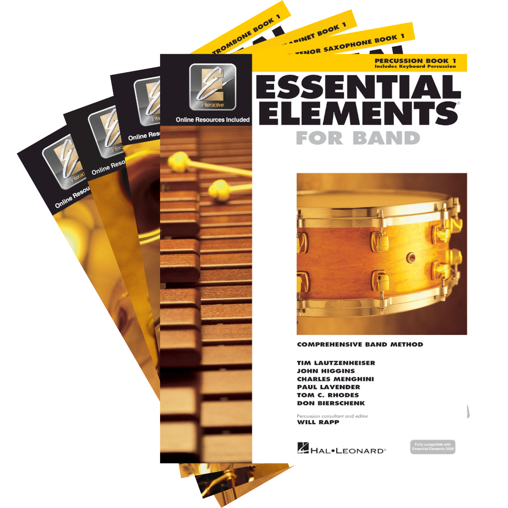 White cover with images of instruments titled essential elements for band book 1