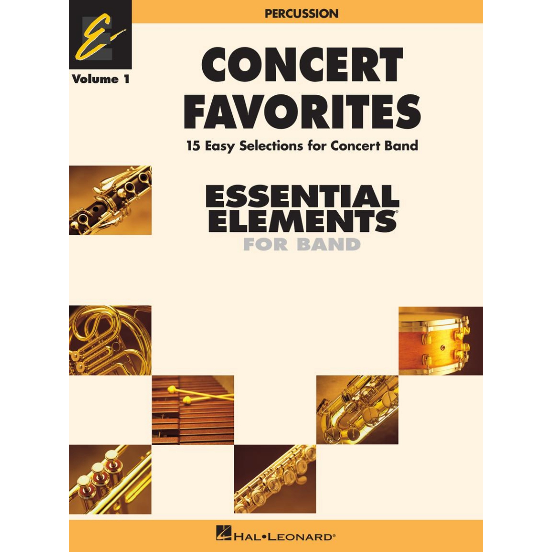 White cover with images of instruments in tiles, titled essential elements for concert band book 1