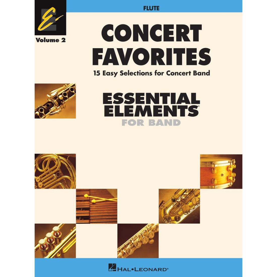 White cover with images of instruments in tiles, titled essential elements for concert band book 2