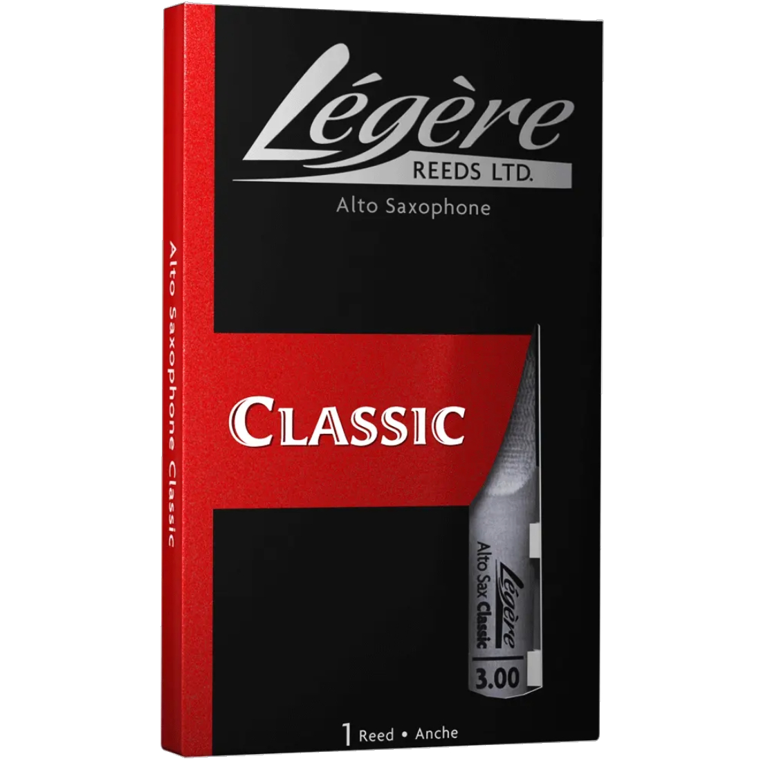 Black and red box of classic Legere synthetic alto sax reeds