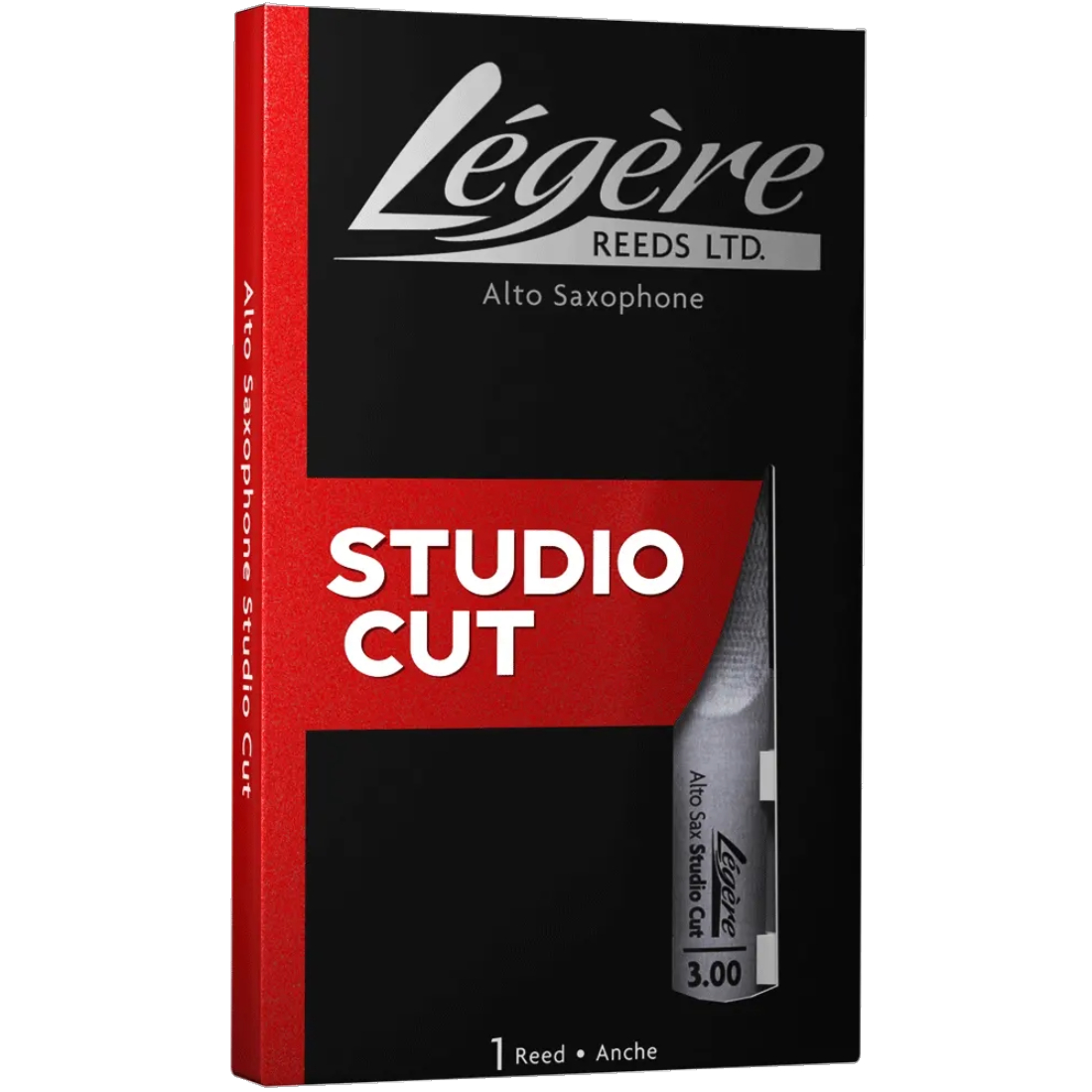 Black and red box of studio cut Legere synthetic alto sax reeds