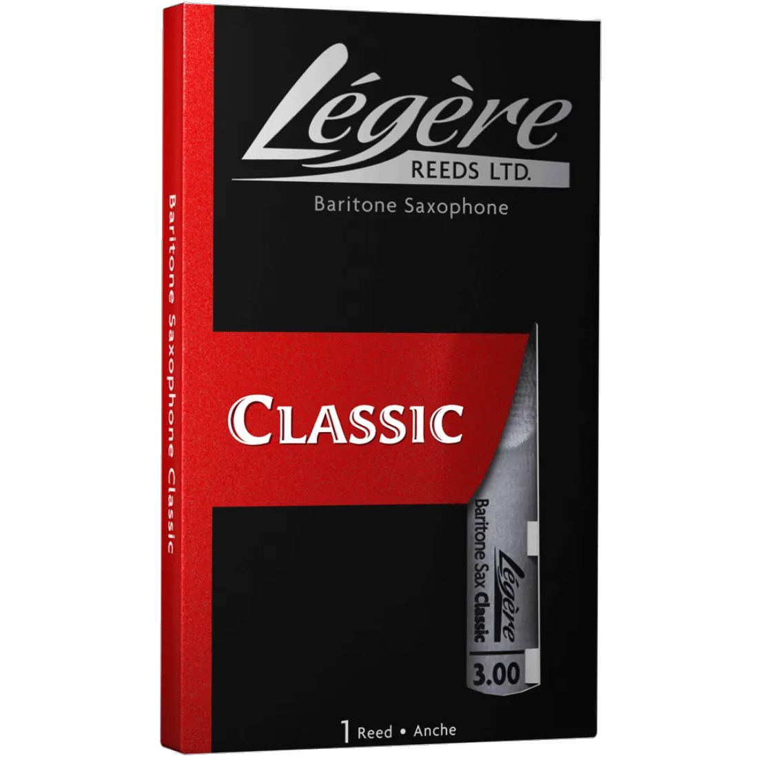 Black and red box of Legere classic synthetic bass clarinet reeds