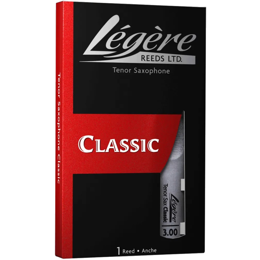 Black and red box of classic Legere synthetic tenor saxophone reeds