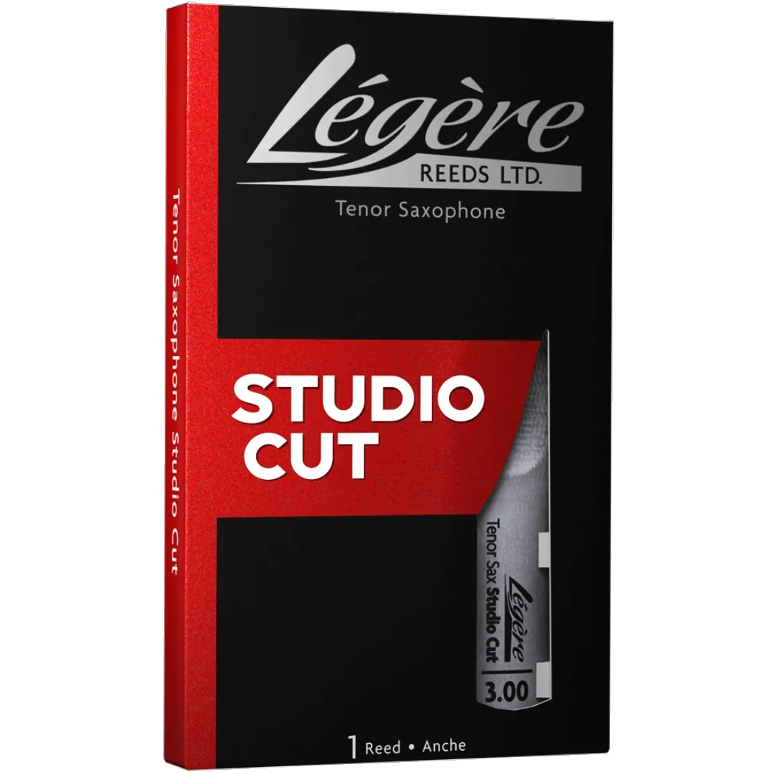 Black and red box of studio cut Legere synthetic tenor sax reeds
