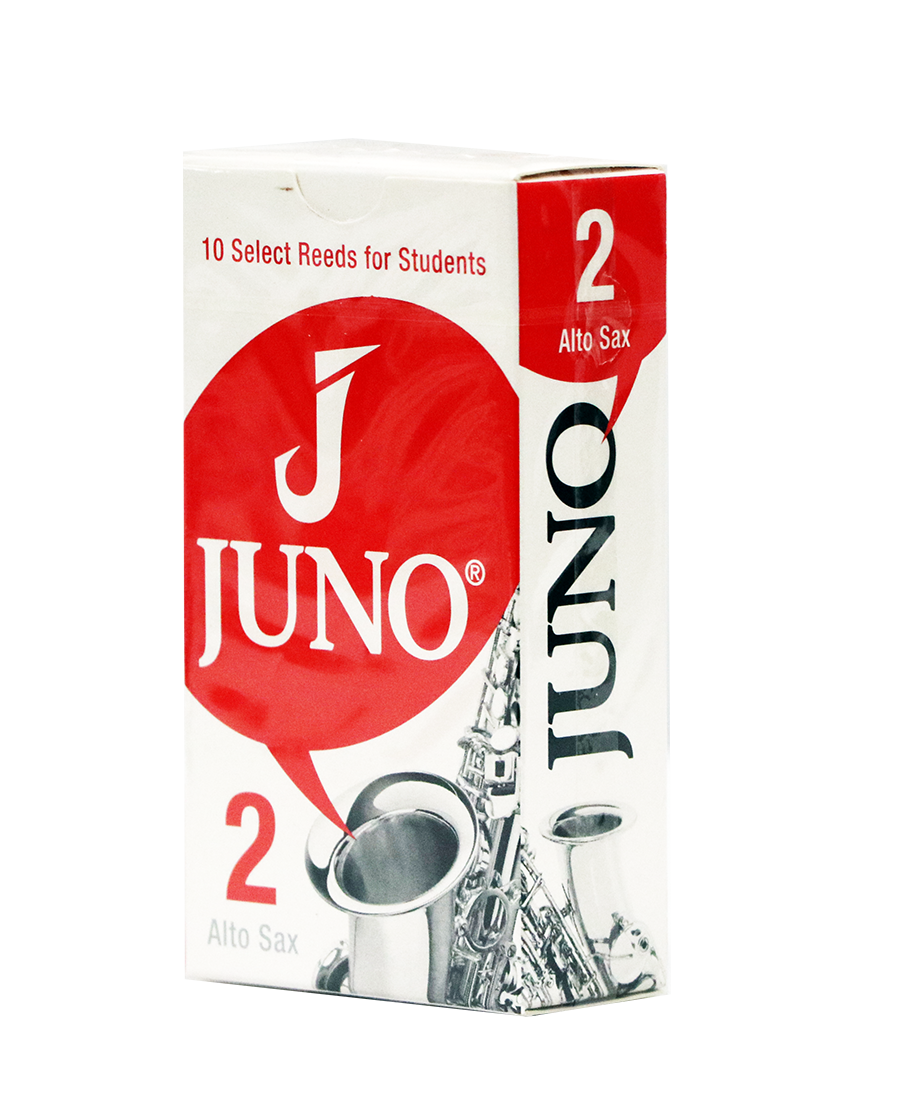 White and red box of 10 Juno Alto Saxophone reeds