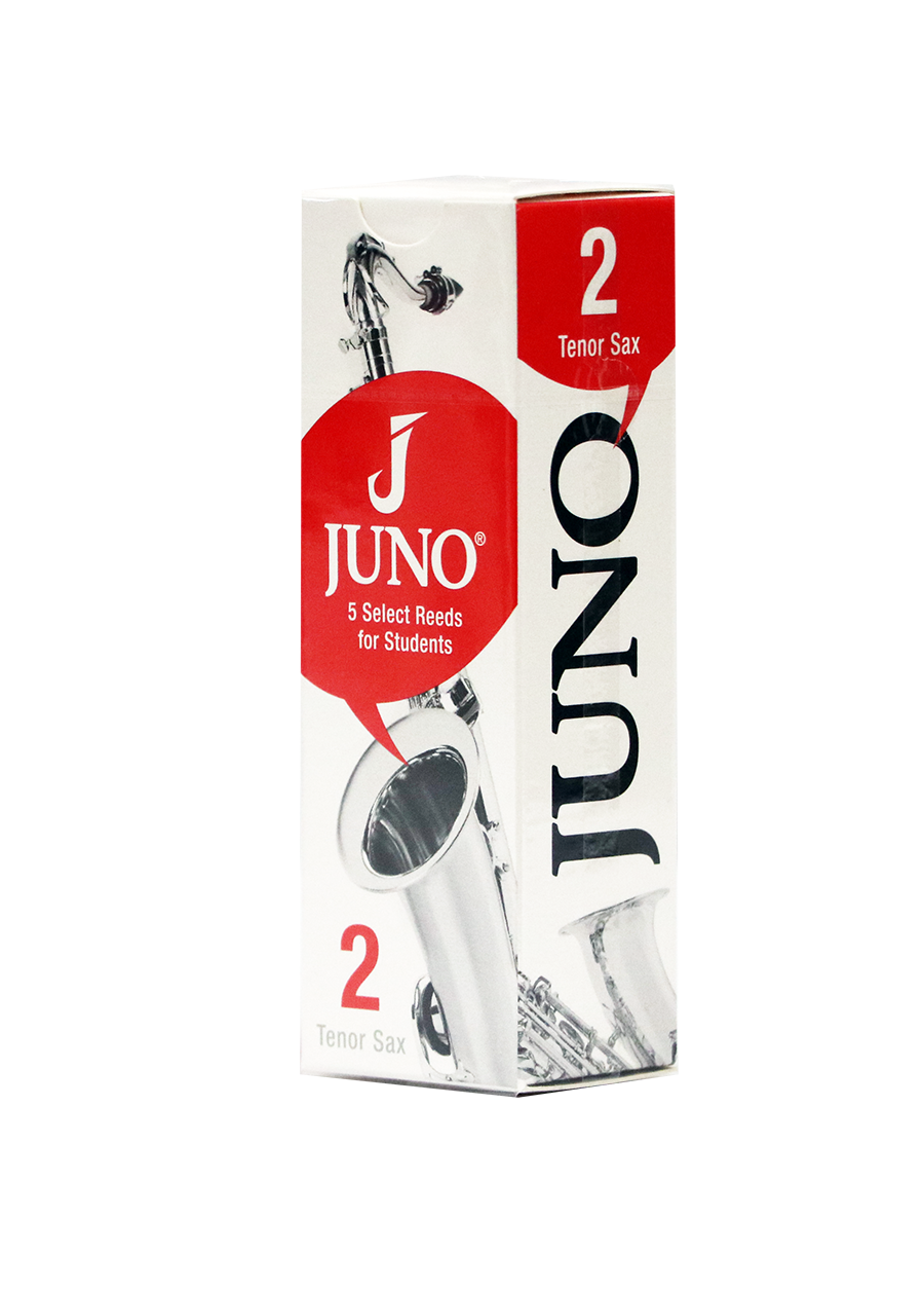 White and red box of 5 Juno Tenor Saxophone Reeds