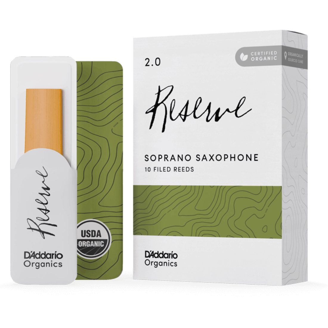 White box of Ten D'addario Reserve Soprano Sax Reeds 