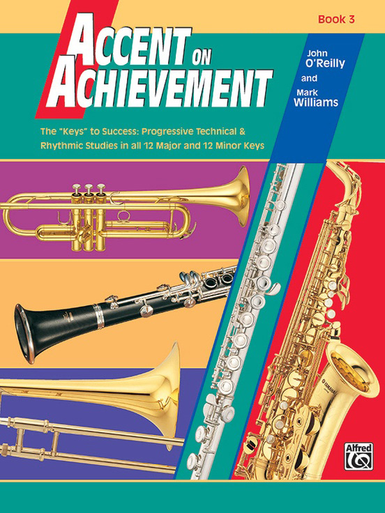 Teal cover with multiple instruments pictured for Accent on Achievement Book 3