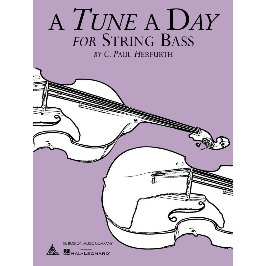 Purple "A Tune A Day" bass method book with black and white drawn bass