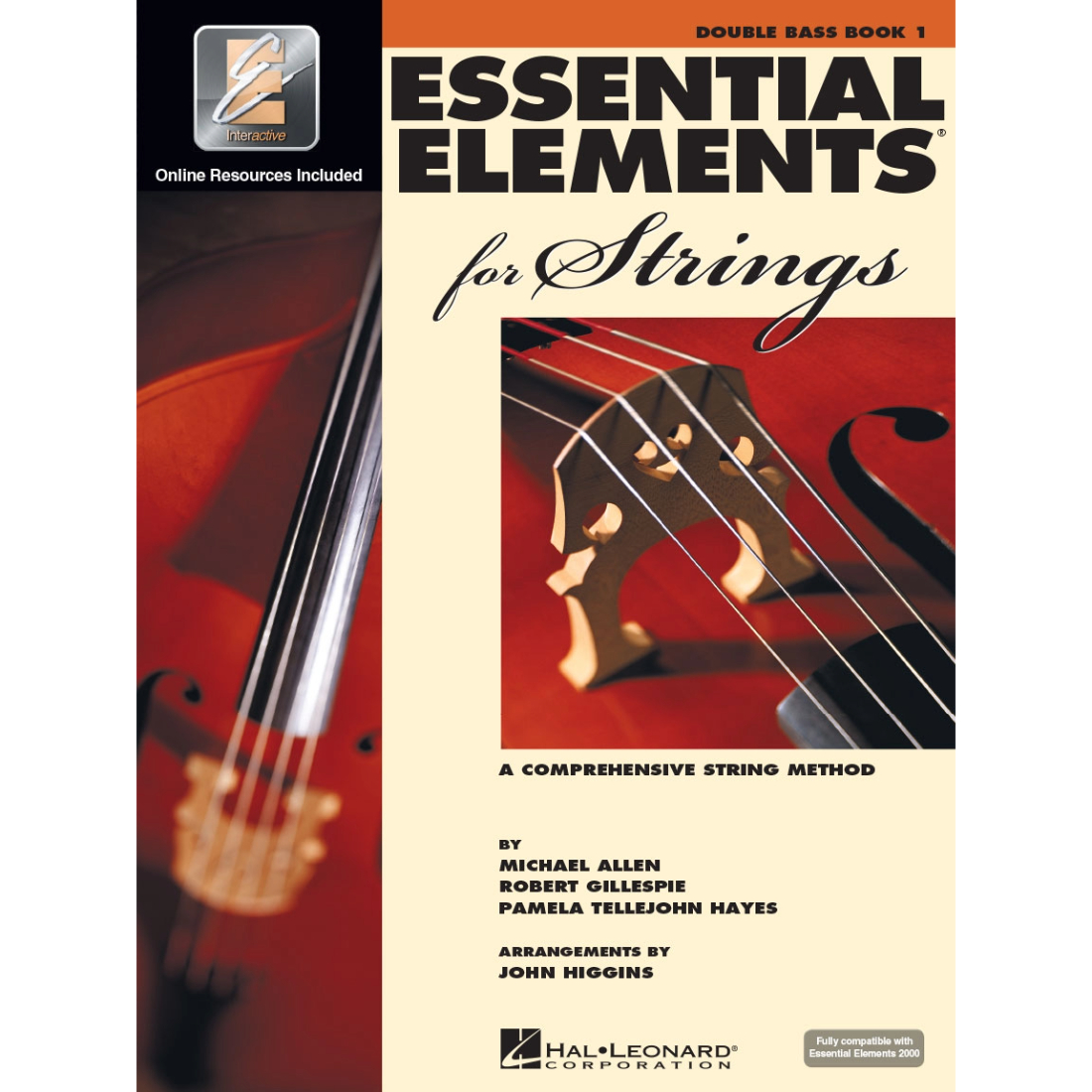 White cover with images of instruments, titled essential elements for strings book 1