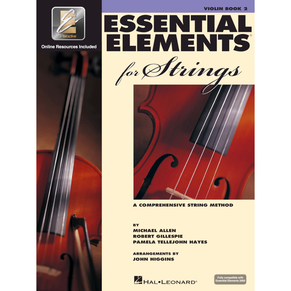 White cover with images of instruments, titled essential elements for strings book 2