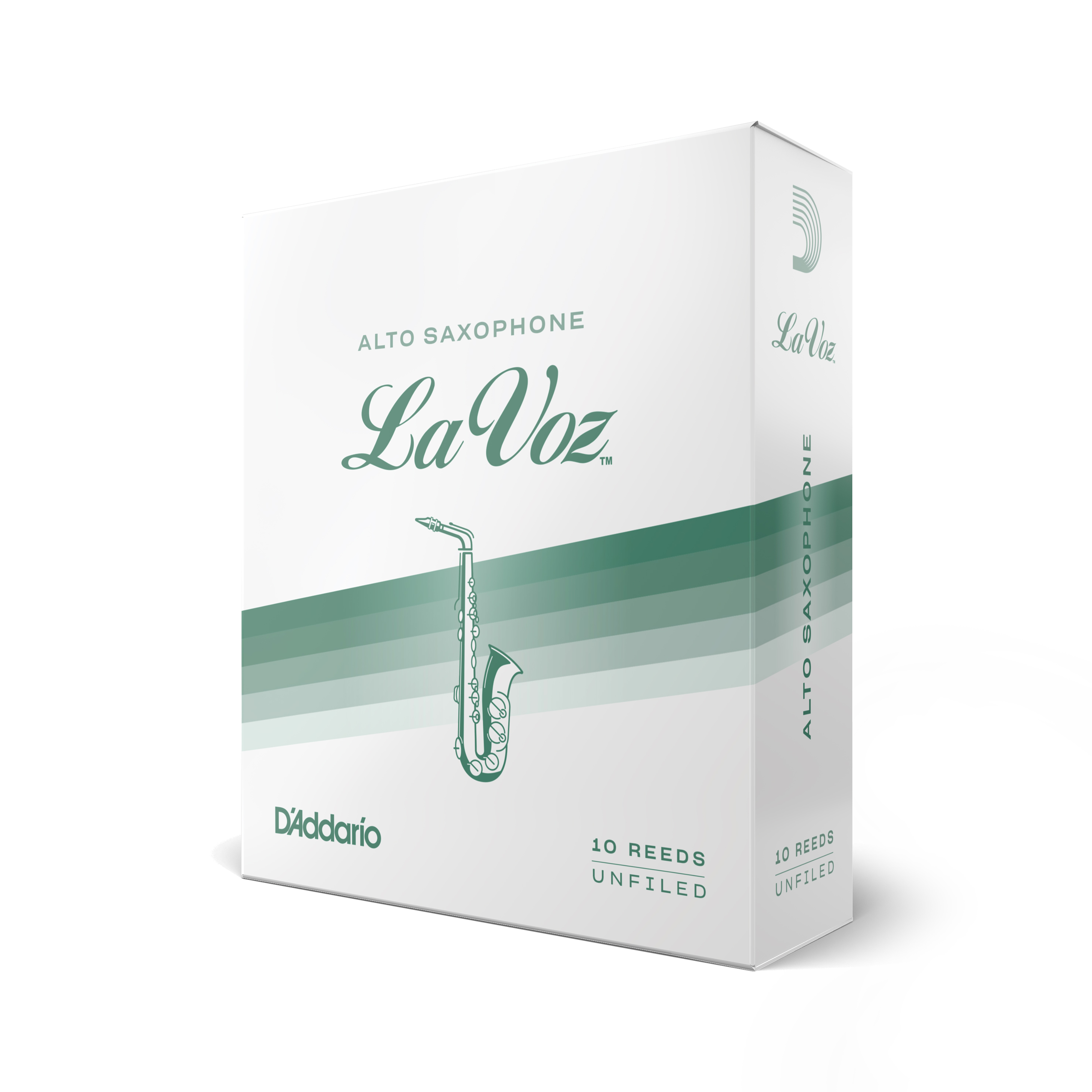 White with green box of ten  LaVoz by D'addario alto saxophone reeds