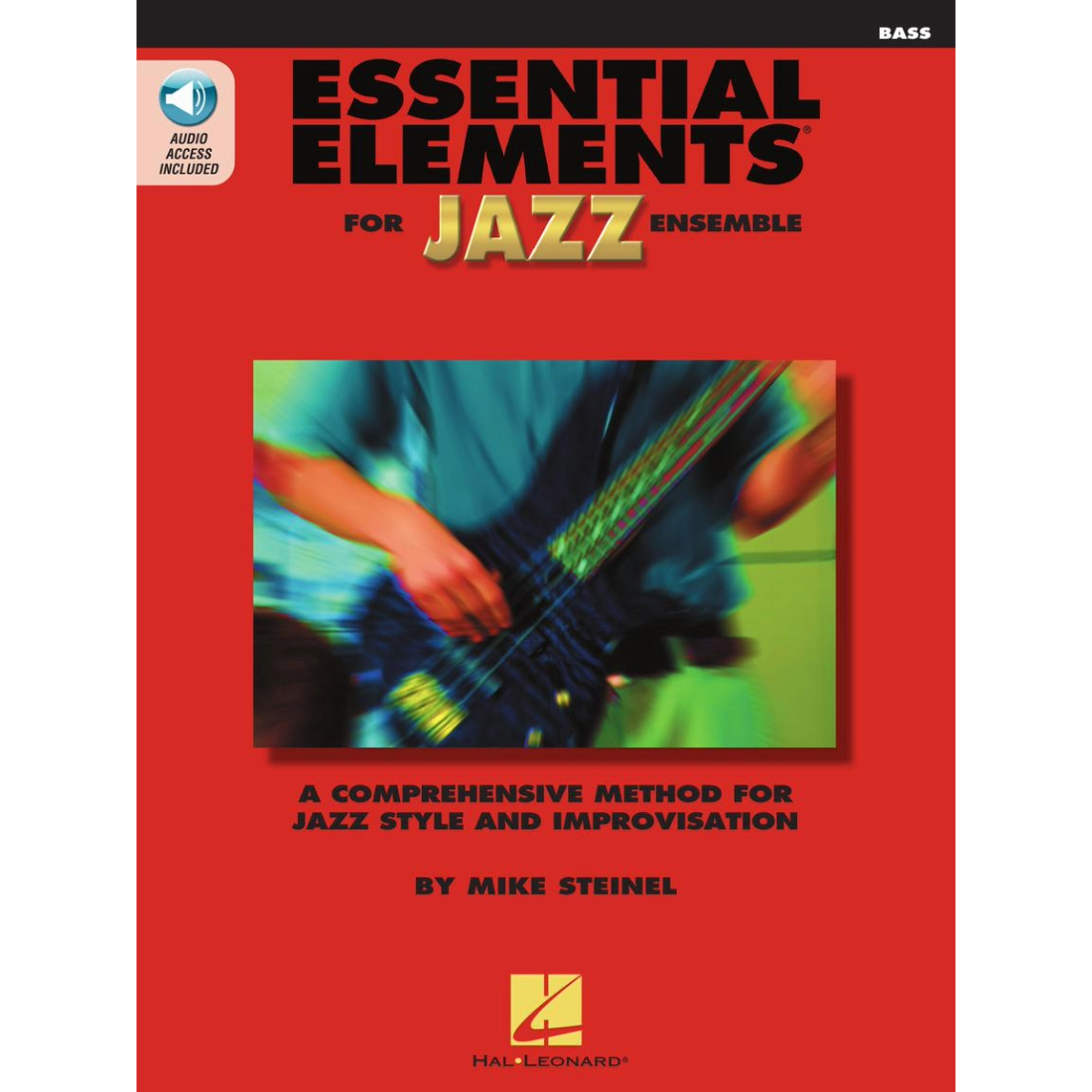 Red cover book with picture of instruments, titled essential elements for jazz ensemble.
