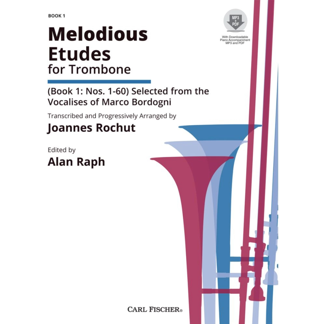 White cover with silhouettes of trombones on the right, titled Melodious Etudes for Trombone