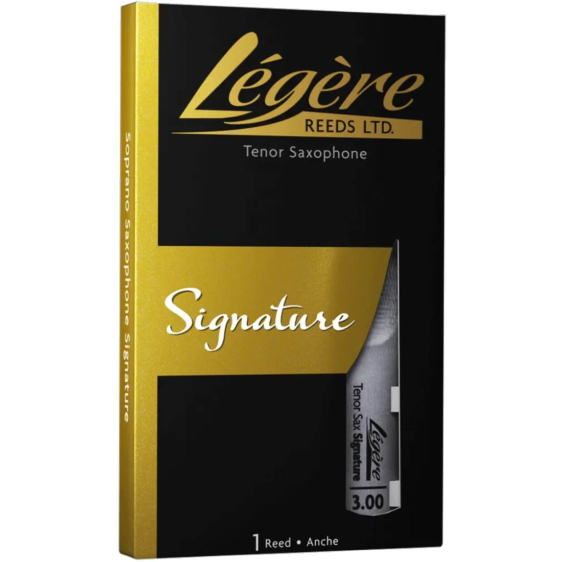 Black and yellow box of signature Legere synthetic tenor sax reeds