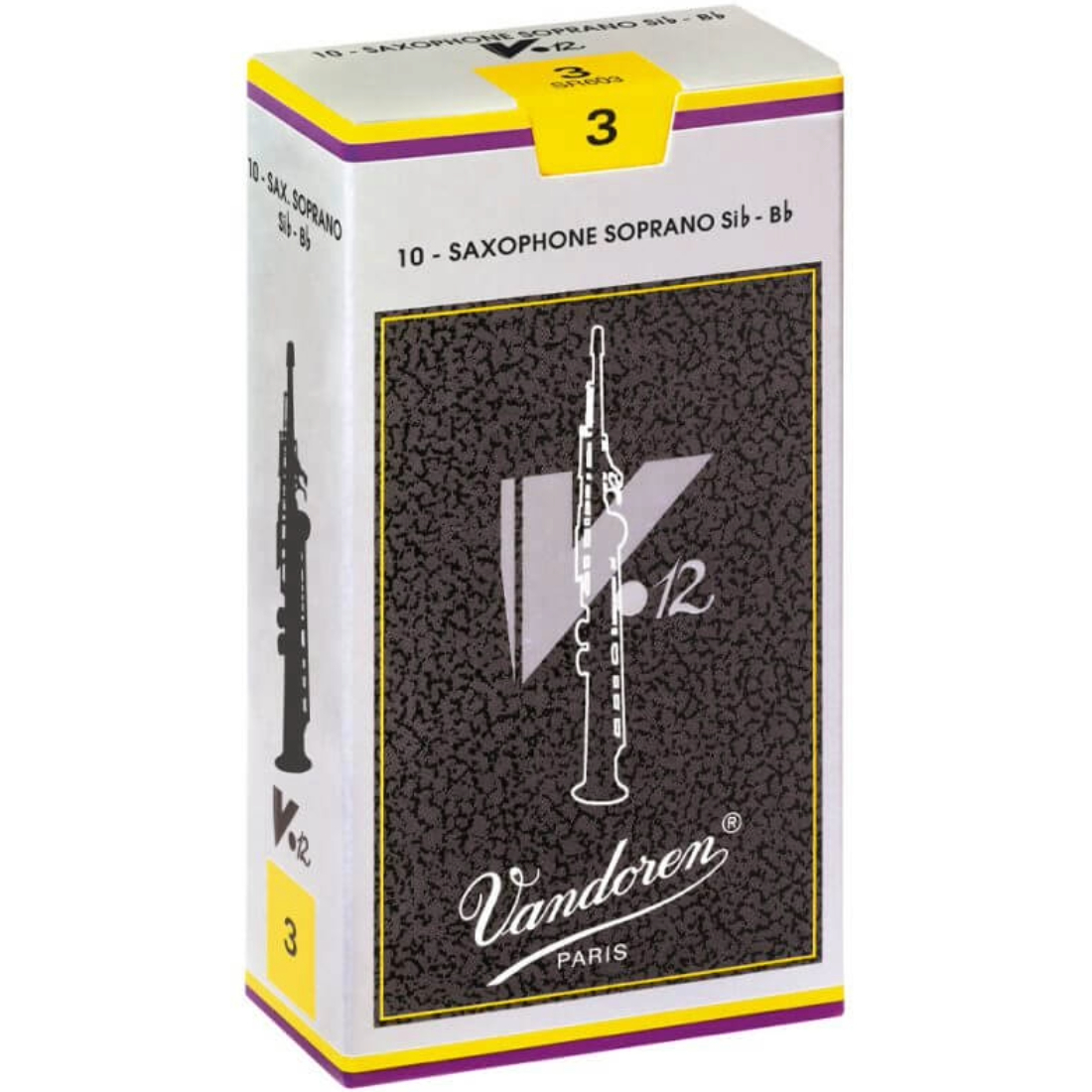 Grey and black box of 10 Vandoren V12 soprano saxophone reeds