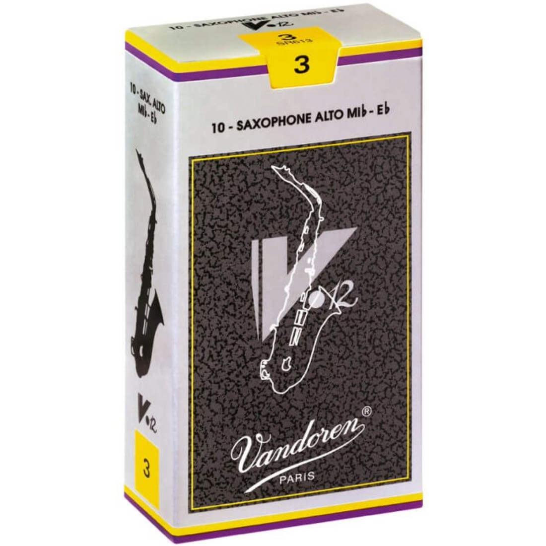 Grey and black box of 10 Vandoren V12 alto saxophone reeds