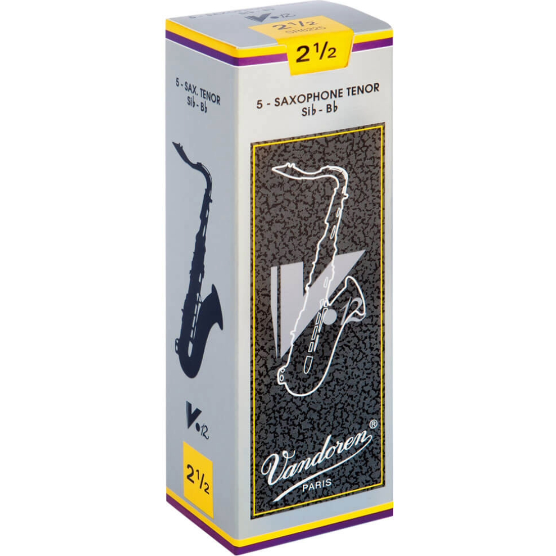 Grey and black box of 5 Vandoren V12 tenor saxophone reeds