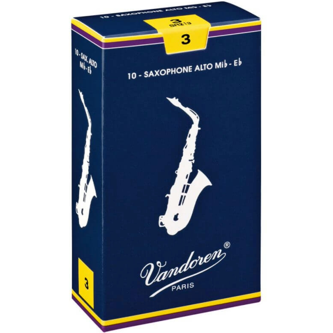 Blue box of 10 Vandoren traditional alto saxophone reeds