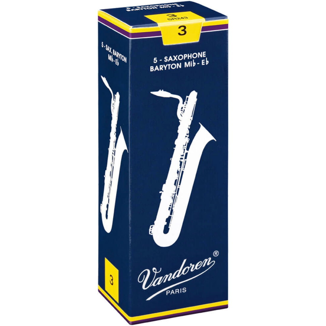 Blue box of 5 Vandoren Traditional Baritone saxophone reeds