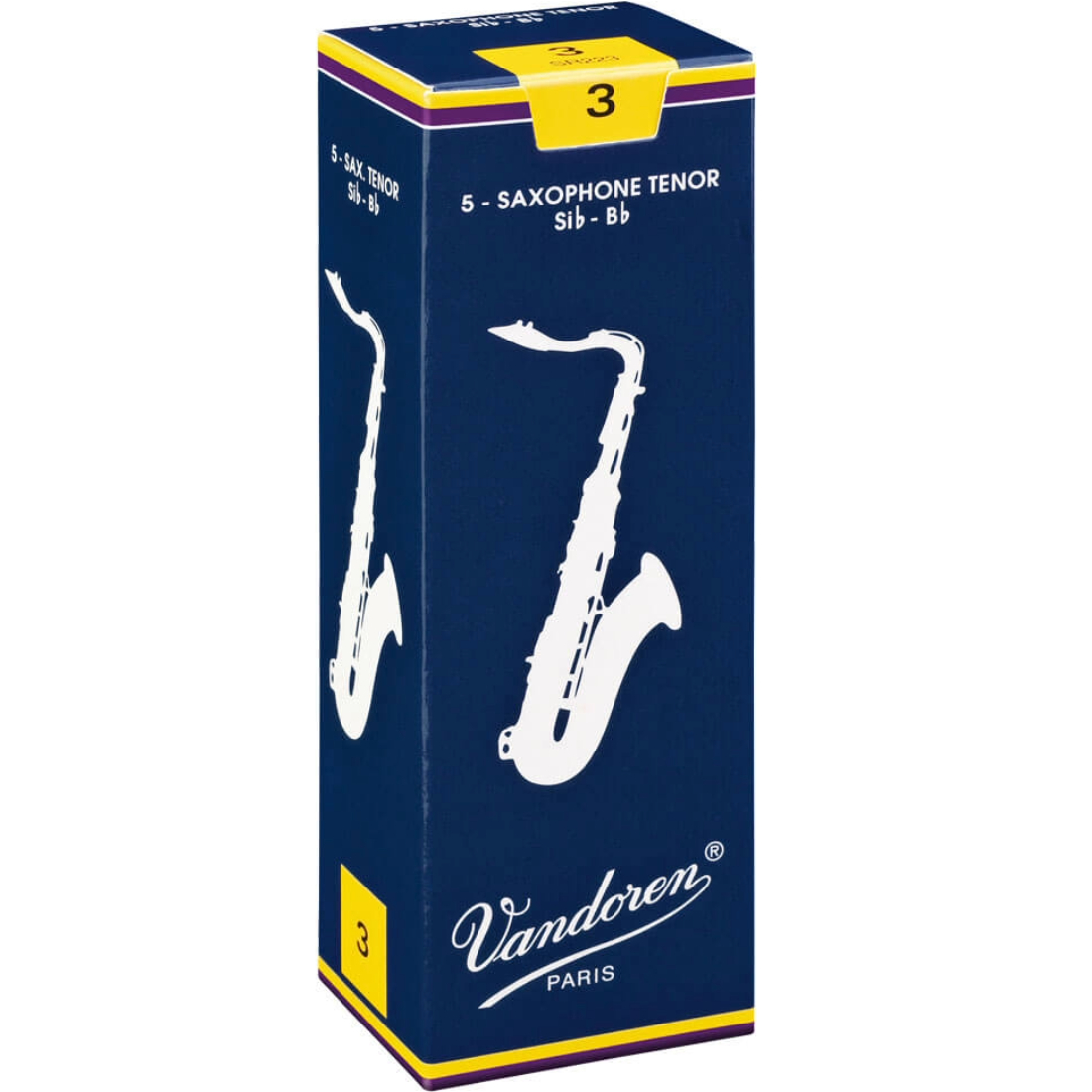 Blue box of 5 Vandoren Traditional tenor saxophone reeds